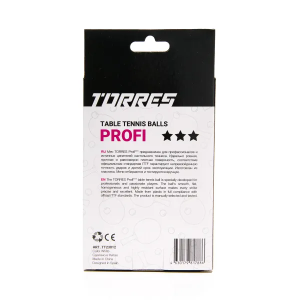 Мяч для наст. тенниса TORRES Profi 3*, TT23012, диам. 40+мм, упак. 6 шт, белый за 338.30 ₽ в Волгограде